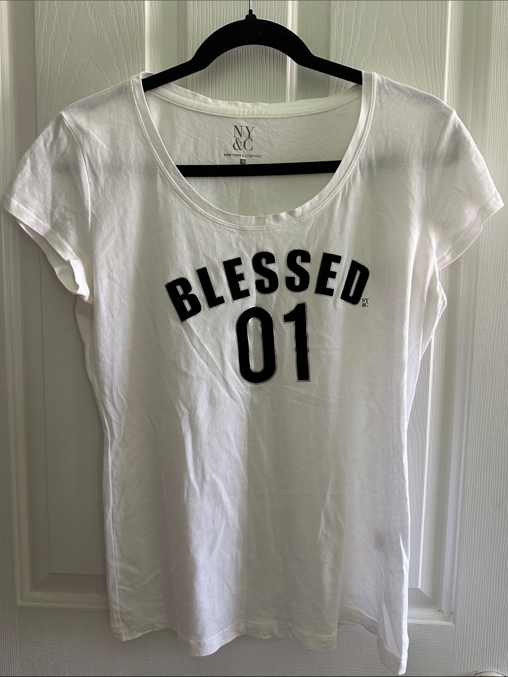New York & Company White 'Blessed 01' Graphic Scoop Tee